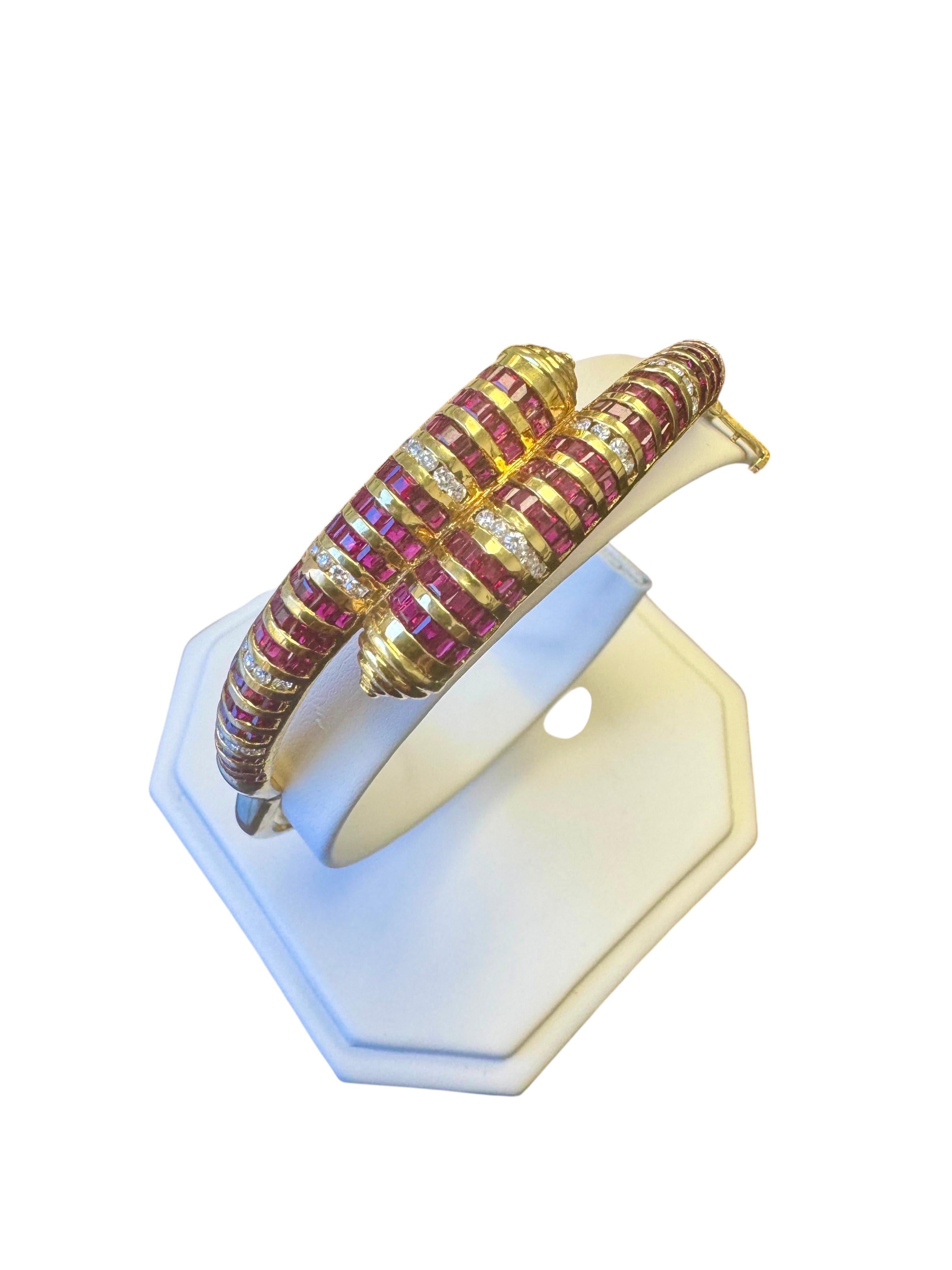 18K Yellow Gold Ruby and Diamond Bypass Bracelet, Stamped 750 For Sale 1