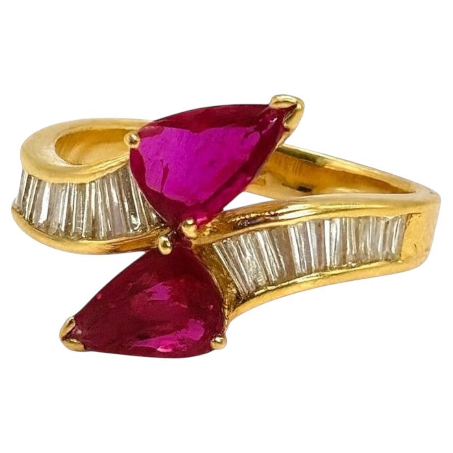 18K Yellow Gold Ruby and Diamond Bypass Ring For Sale