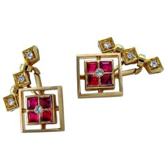 18K Yellow Gold Ruby and Diamond Cufflinks in Square Cut Design