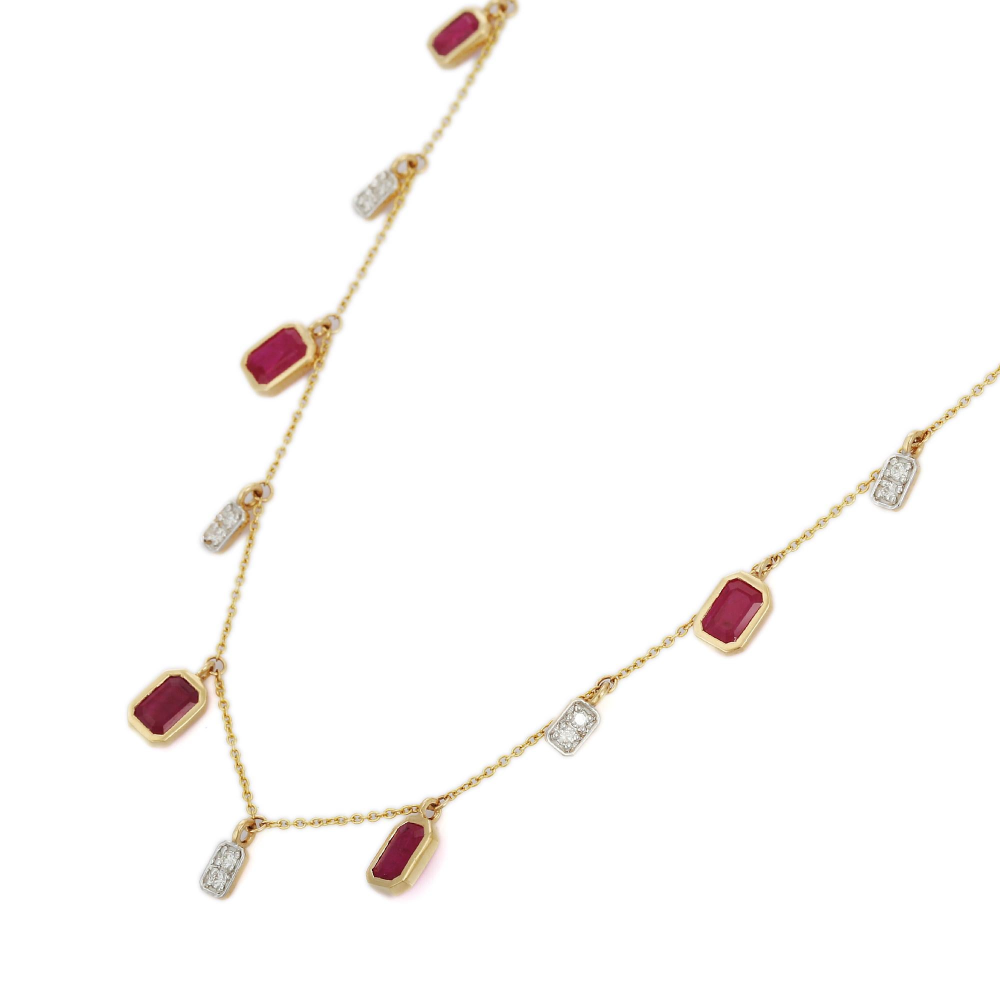 Ruby Necklace in 18K Gold studded with octagon cut ruby pieces and diamonds.
Accessorize your look with this elegant ruby drop necklace. This stunning piece of jewelry instantly elevates a casual look or dressy outfit. Comfortable and easy to wear,