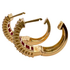 18k Yellow Gold Ruby and Diamond Hoop Earrings