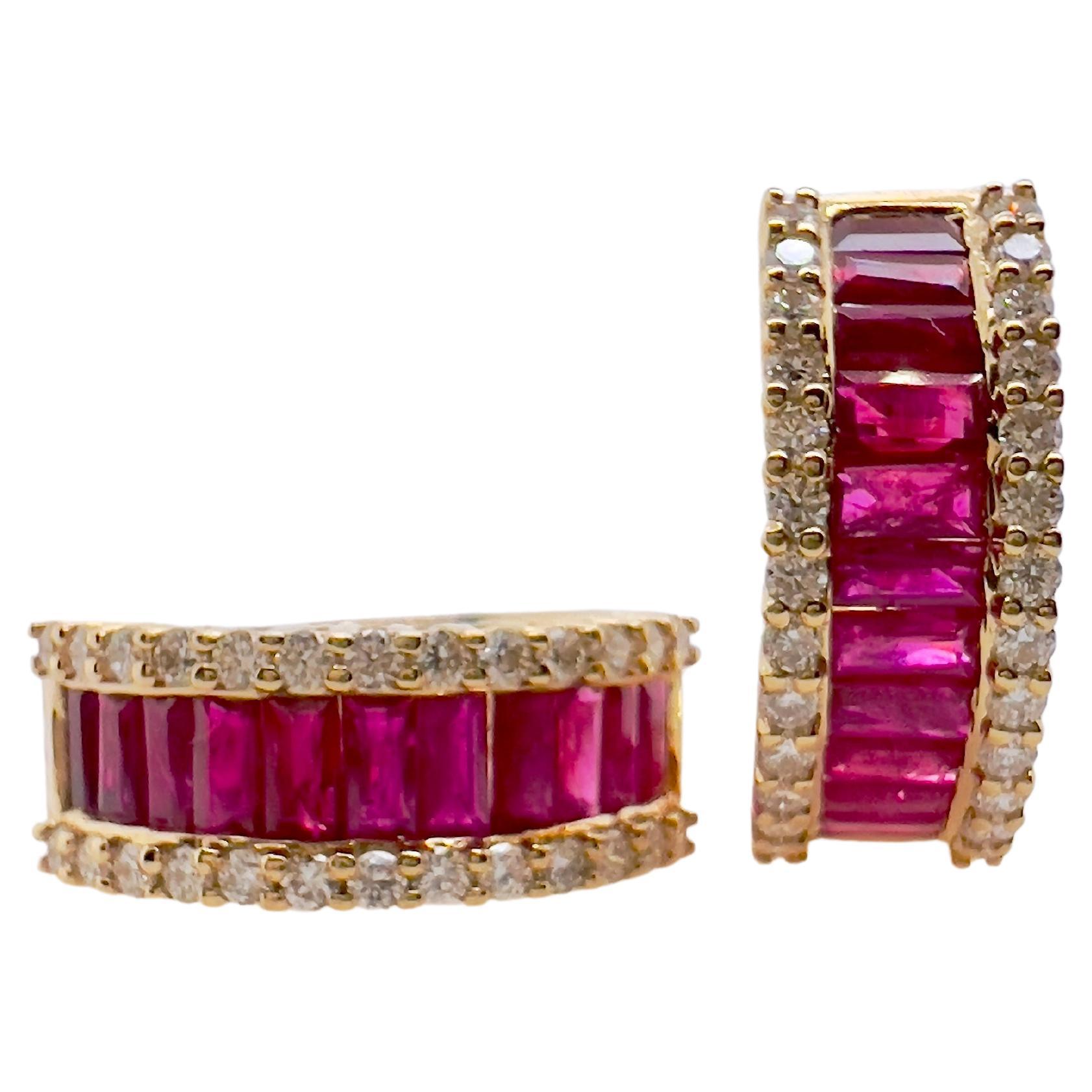 18 Karat Gelbgold Rubin- und Diamant-Ohrringe (Baguetteschliff)