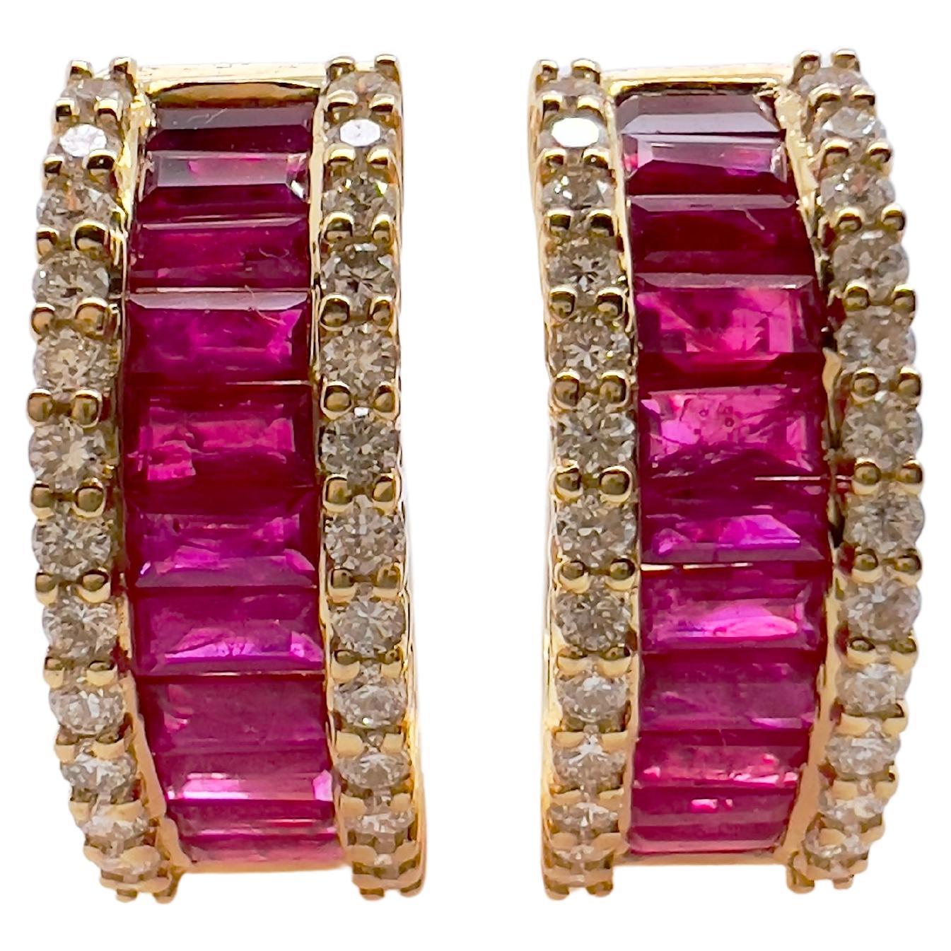 18k Yellow Gold Ruby and Diamond Hoop Earrings