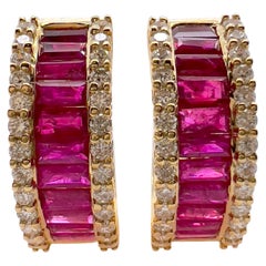 18k Yellow Gold Ruby and Diamond Hoop Earrings