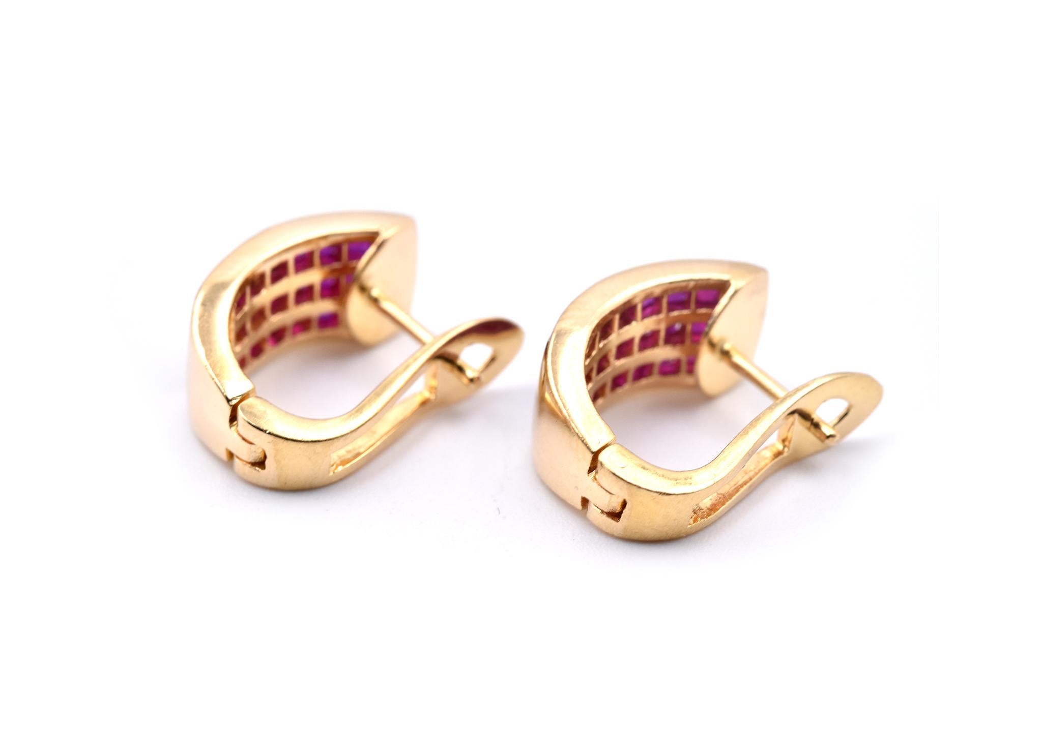 18 Karat Yellow Gold Ruby and Diamond Huggie Earrings In Excellent Condition In Scottsdale, AZ