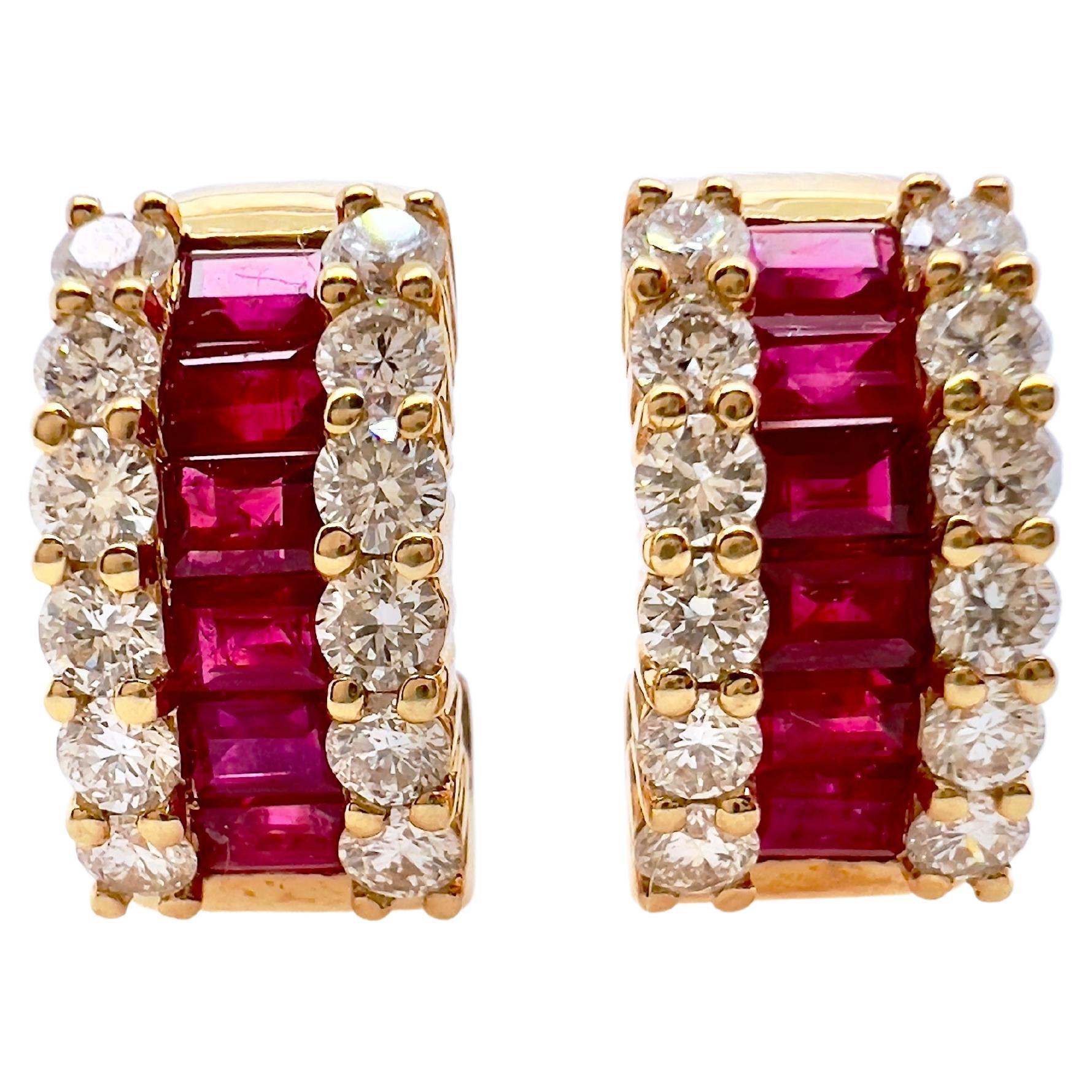 18k Yellow Gold Ruby and Diamond Huggie Earrings For Sale