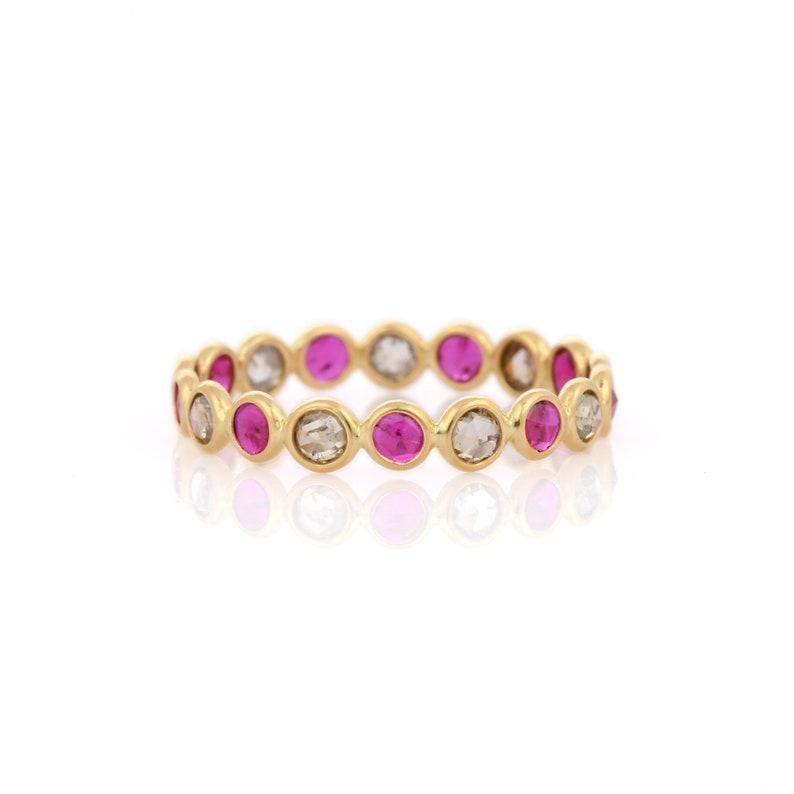 Alternate Ruby and Diamond Eternity Band Ring in 18K gold symbolizes the everlasting love between a couple. It shows the infinite love you have for your partner. The circular shape represents love which will continue and makes your promises stay