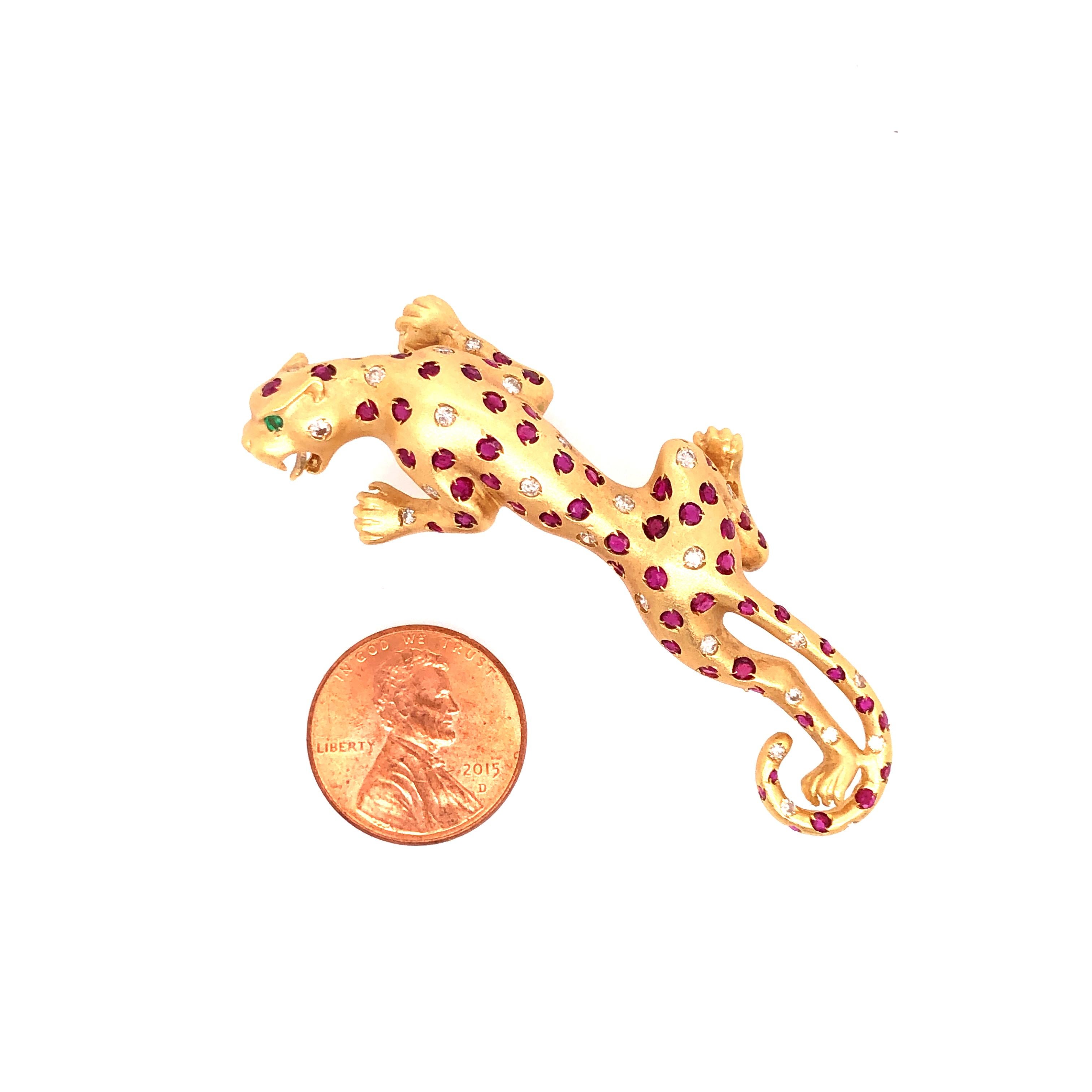 18 Karat Yellow Gold Ruby and Diamond Jaguar Pin 1