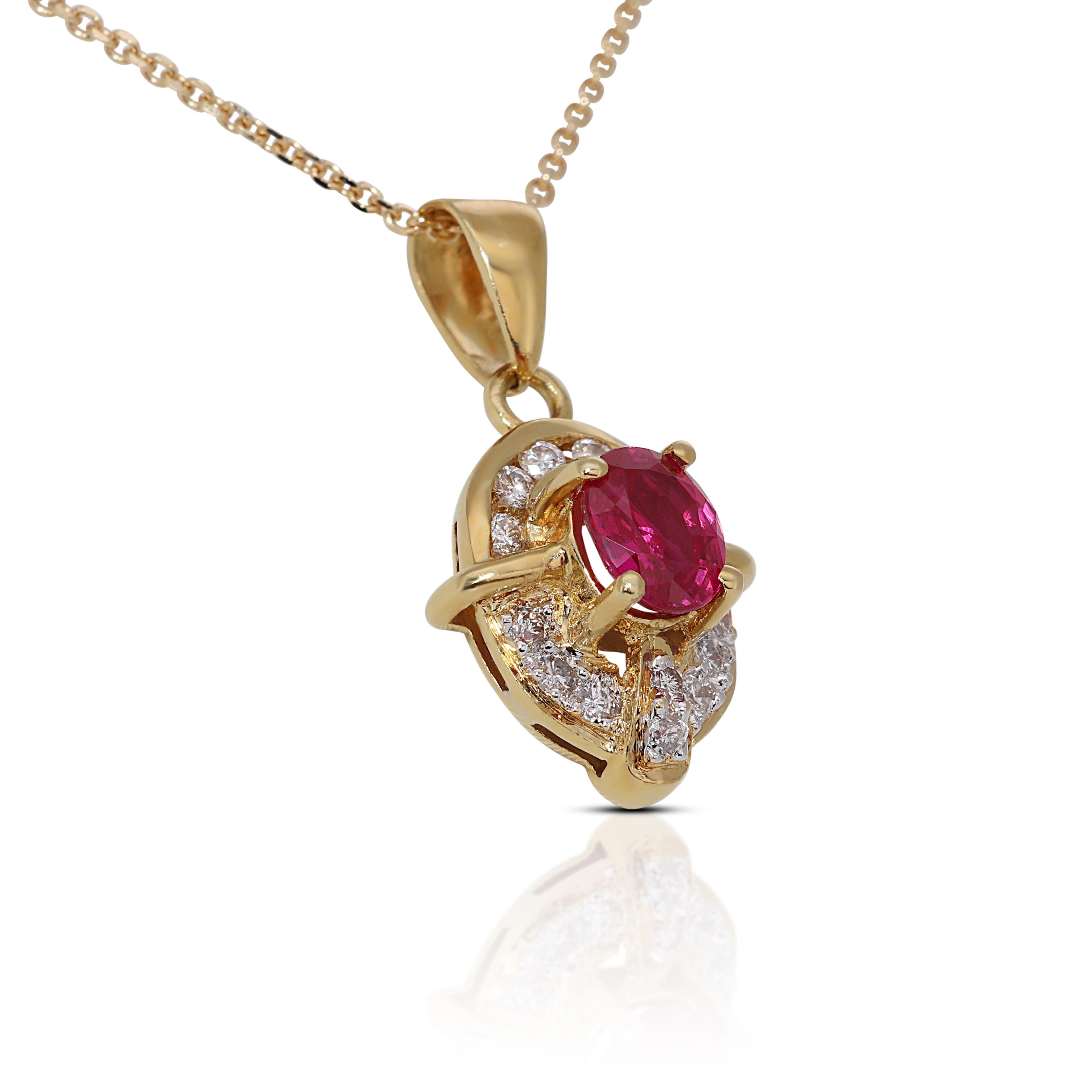 Round Cut 18K Yellow Gold Ruby and Diamond Pendant For Sale