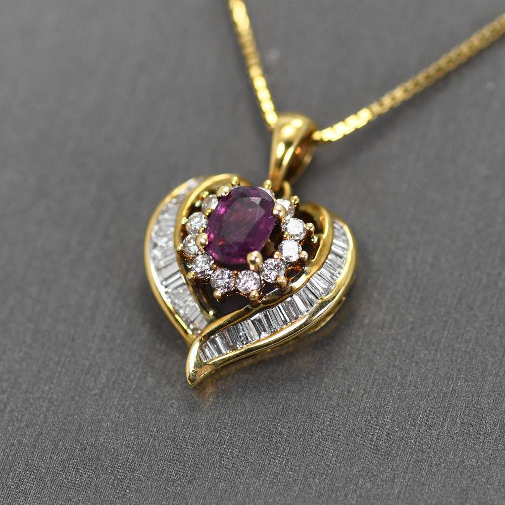 18K Yellow Gold Ruby and Diamond Pendant Necklace 7.8g For Sale 1
