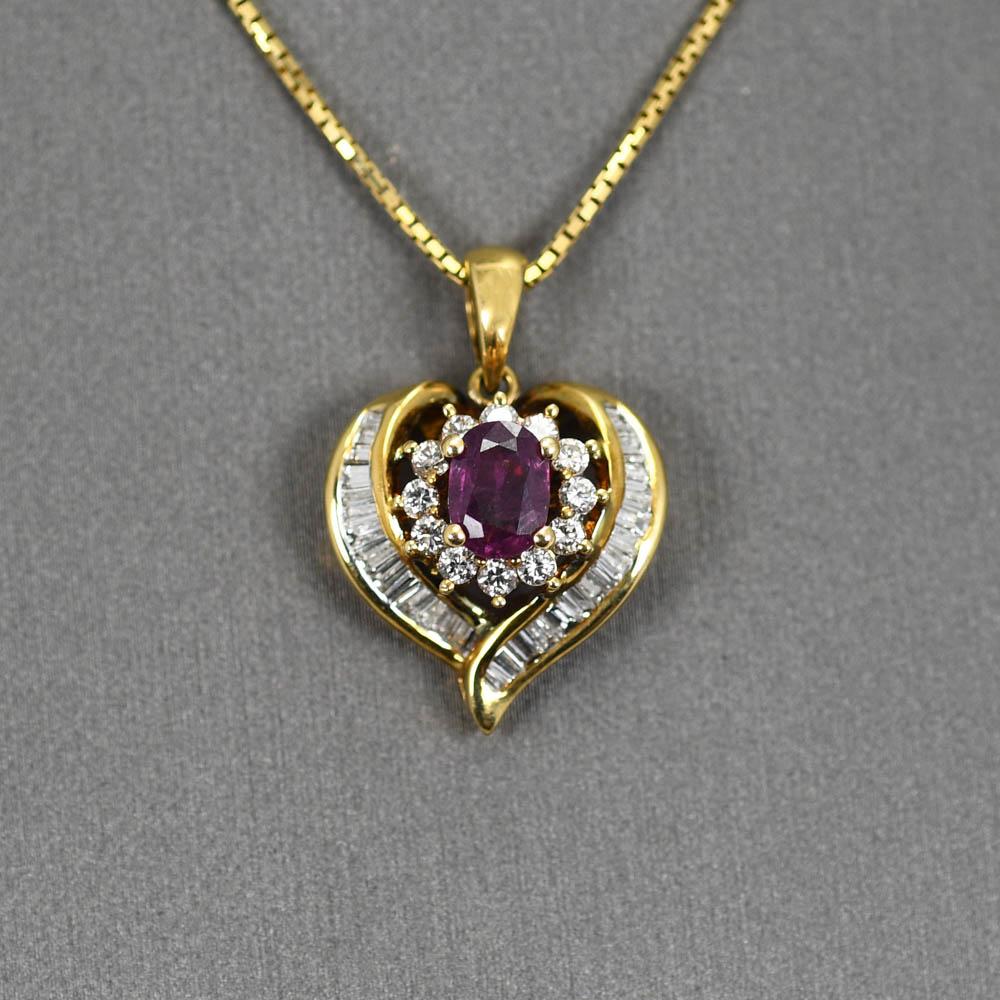 18K Yellow Gold Ruby and Diamond Pendant Necklace 7.8g For Sale 2