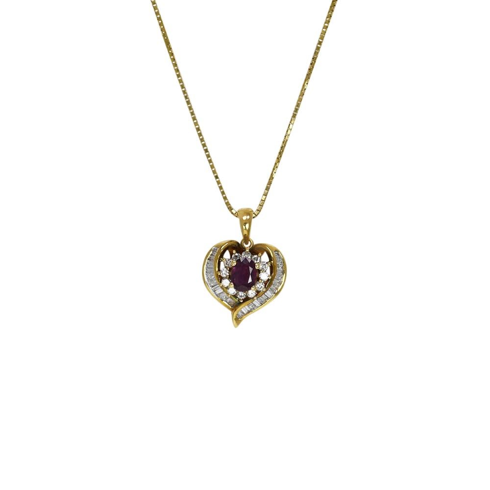 18K Yellow Gold Ruby and Diamond Pendant Necklace 7.8g