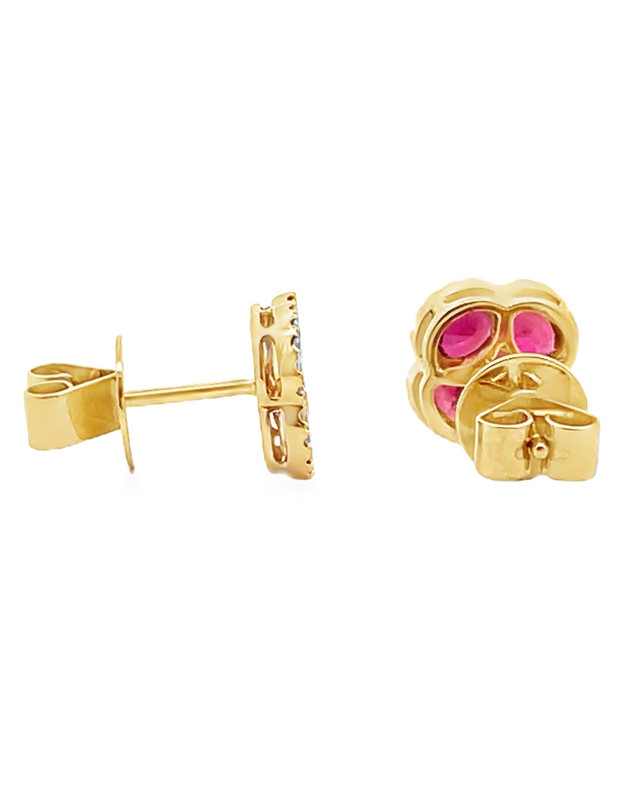 18K yellow gold quatrefoil stud earrings with 10 rubies weighing 1.95 carats total and diamonds weighing 0.20 carat total.

- Diamonds are H color, SI clarity.
- Push back friction closure.