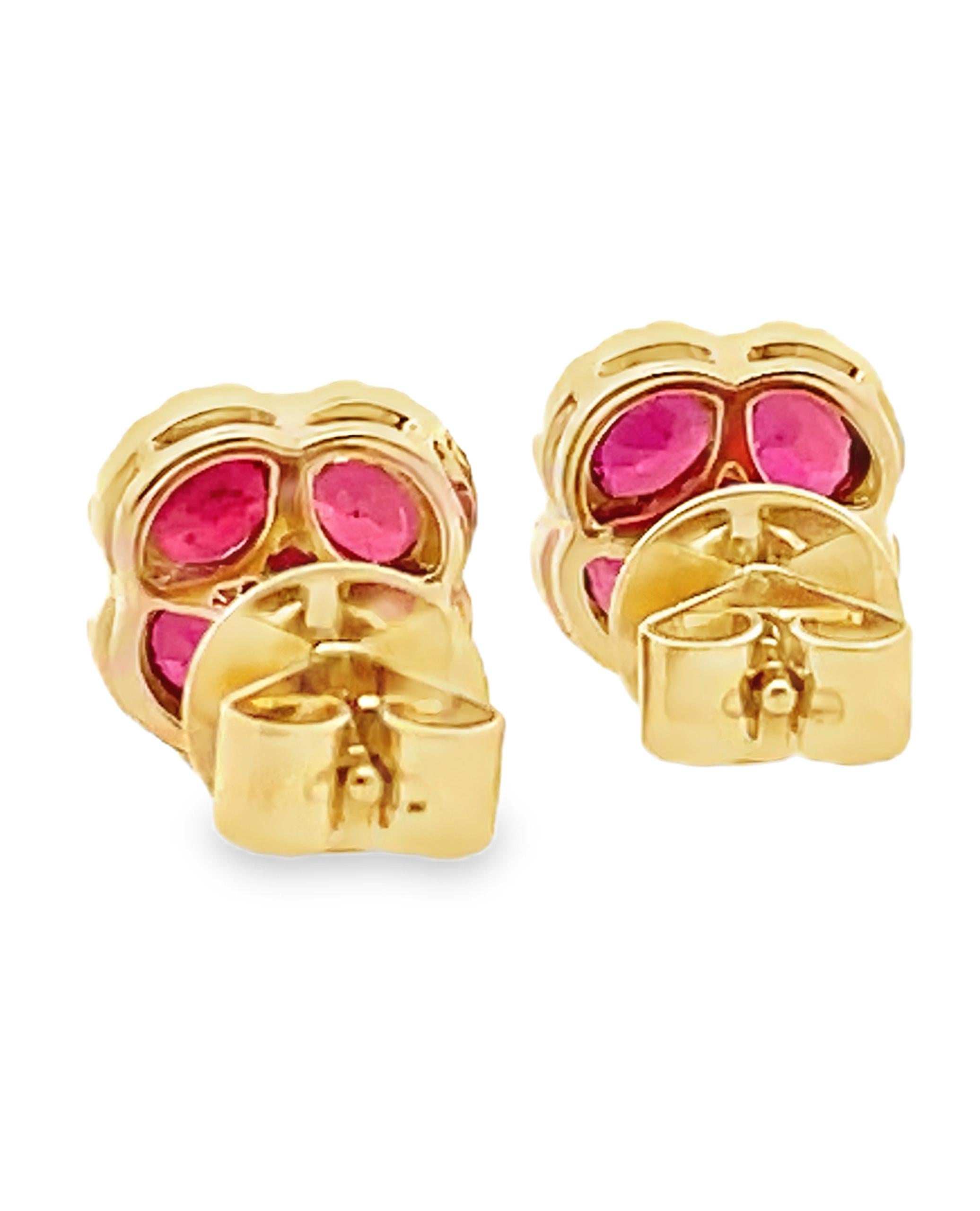 Mixed Cut 18K Yellow Gold Ruby and Diamond Halo Quatrefoil Post Earrings with Pushbacks For Sale