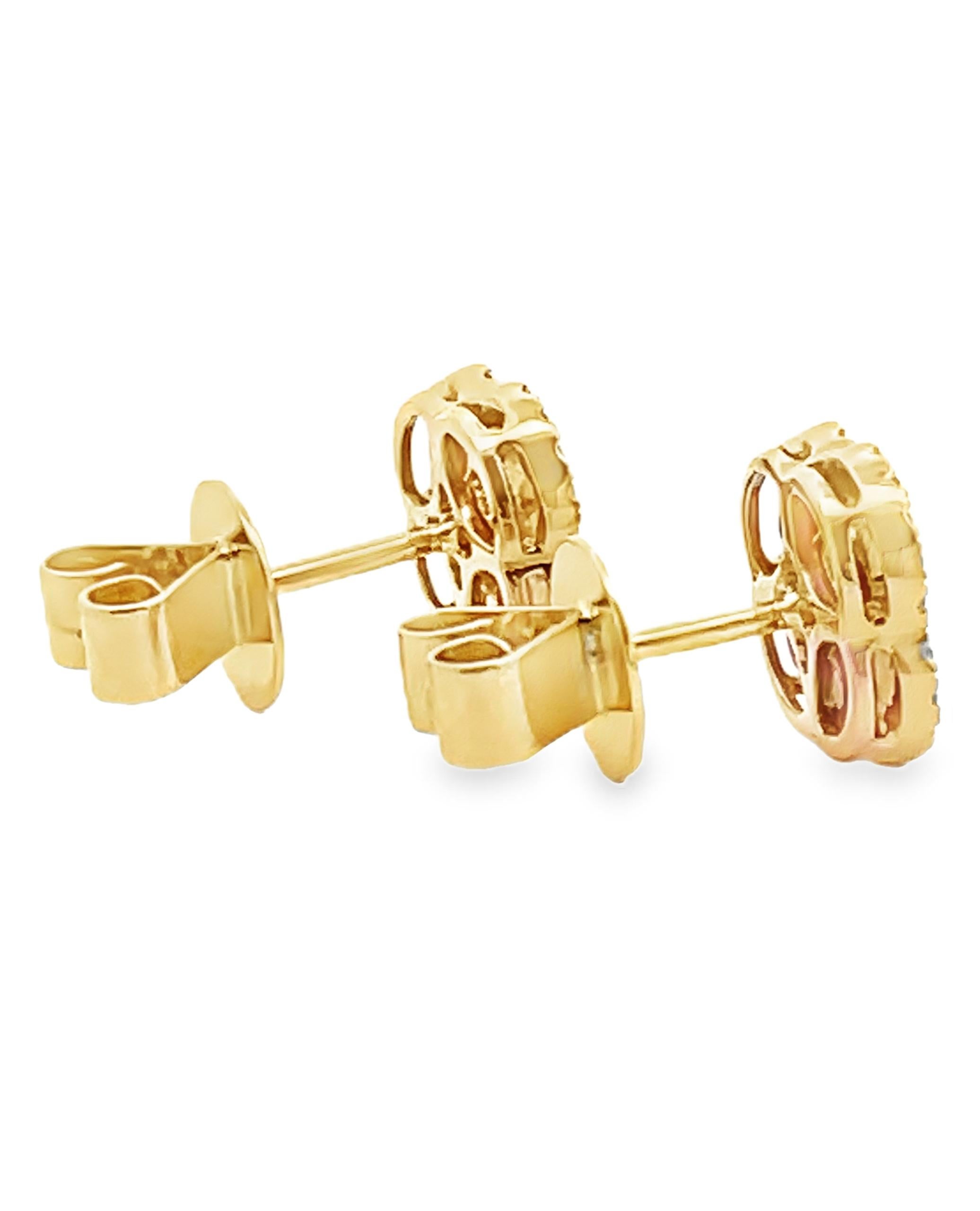 18K Yellow Gold Ruby and Diamond Halo Quatrefoil Post Earrings with Pushbacks In New Condition For Sale In Old Tappan, NJ