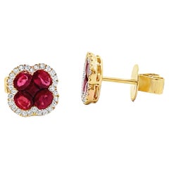 18K Yellow Gold Ruby and Diamond Halo Quatrefoil Post Earrings with Pushbacks