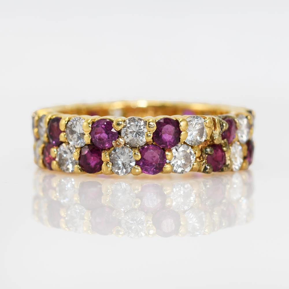 Round Cut 18K Yellow Gold Ruby and Diamond Ring, 5.3g, 1.00tdw For Sale