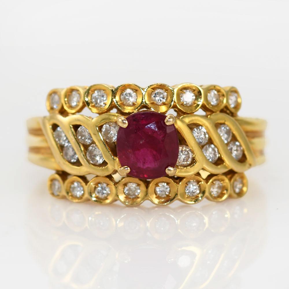 Women's 18k Yellow Gold Ruby and Diamond Ring .75tcw 4.9gr For Sale