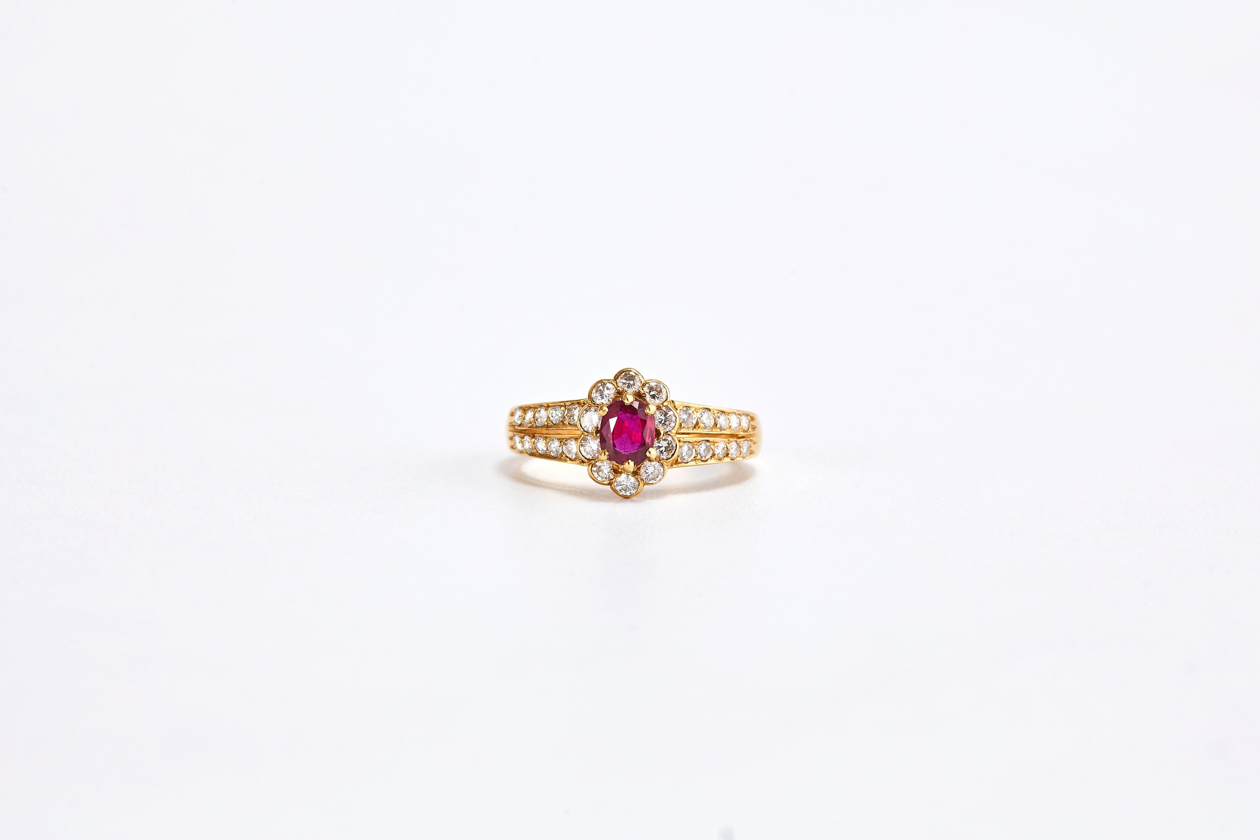 Women's 18k Yellow Gold Ruby and Diamond Ring For Sale