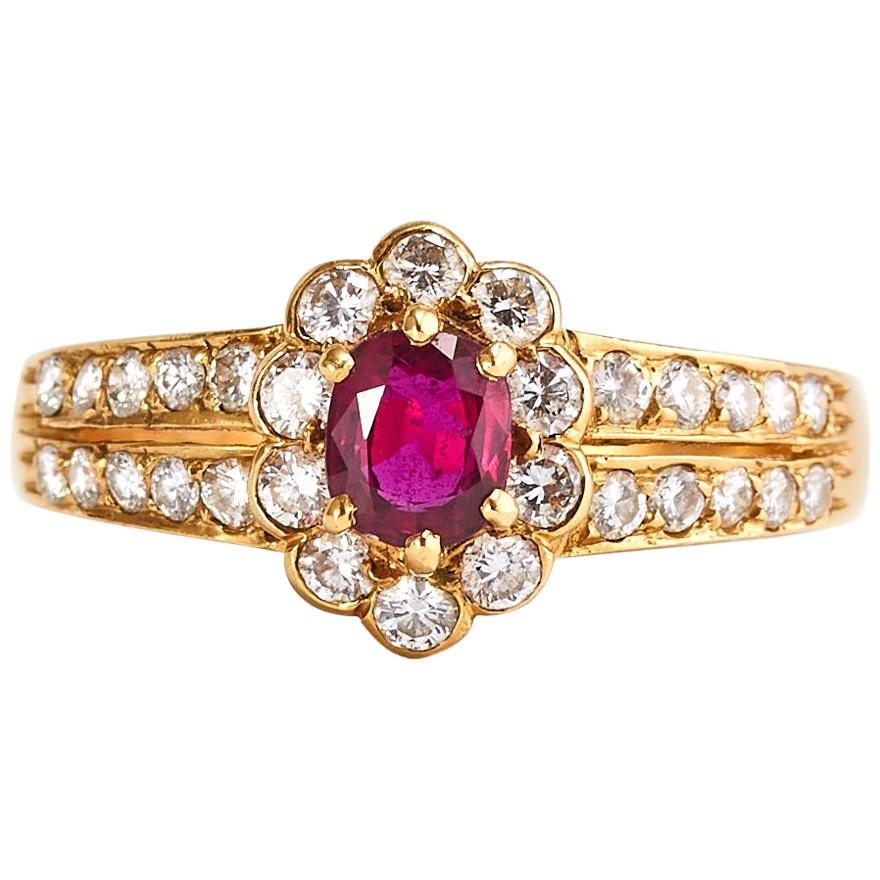 18k Yellow Gold Ruby and Diamond Ring For Sale