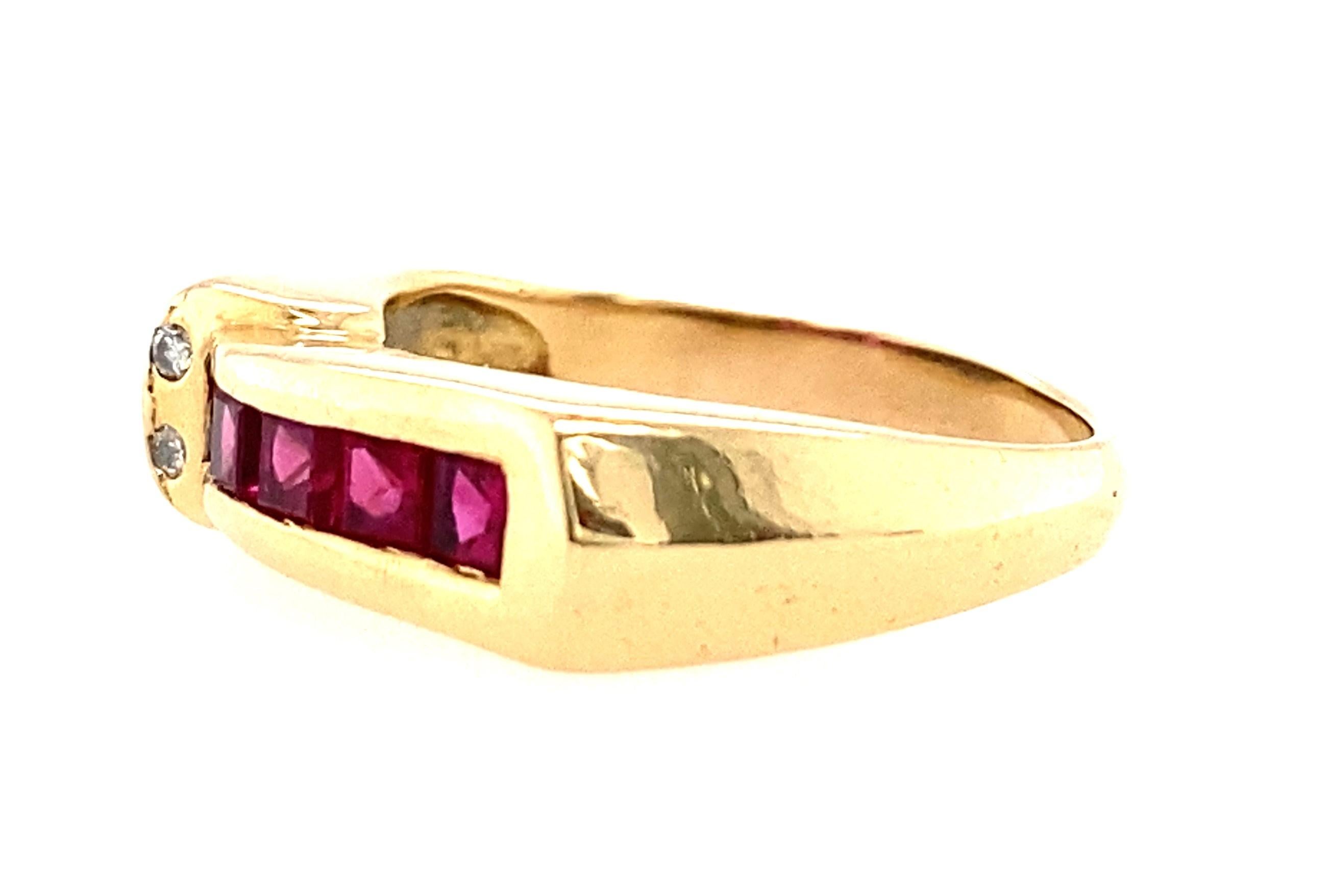Square Cut 18k Yellow Gold Ruby and Diamond Tank Ring Retro 1940s