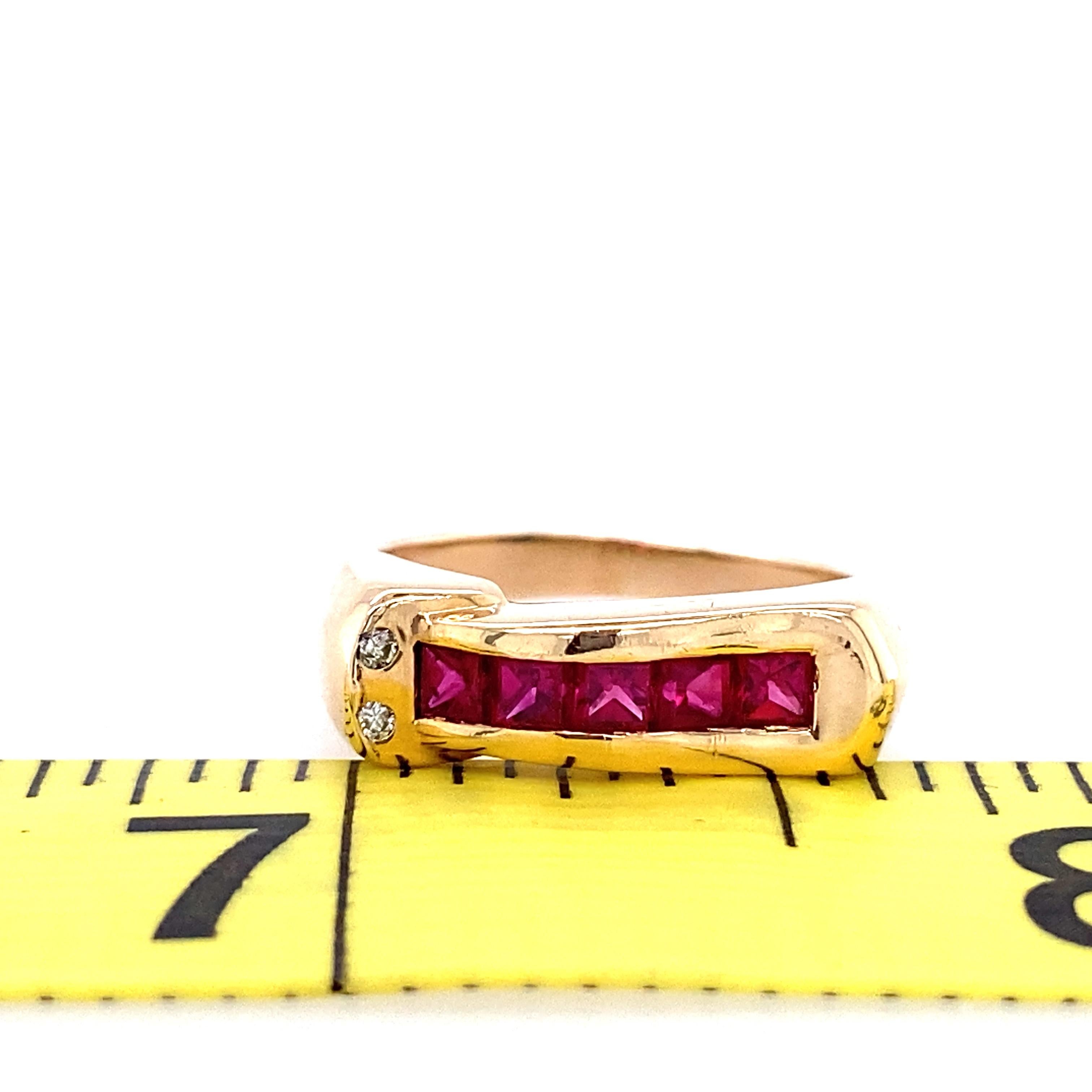 18k Yellow Gold Ruby and Diamond Tank Ring Retro 1940s 2