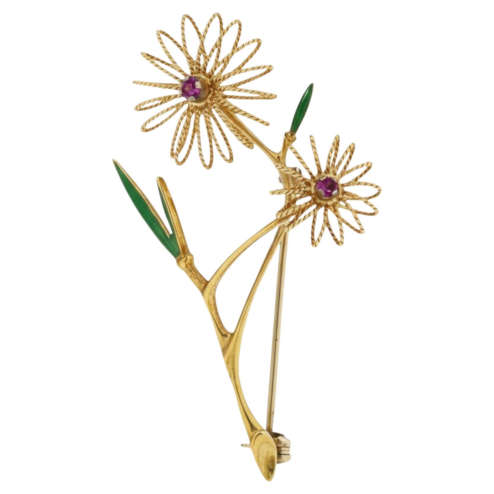 Spilla floreale in oro giallo 18 carati con rubino e smalto Tesoro artigianale vintage