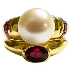 18k Yellow Gold Ruby and Pearl Statement Ring Size 7.5 with Appraisal 18k Yellow Gold Ruby and Pearl Statement Ring Size 7.5 with Appraisal