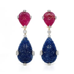 18K Yellow Gold Ruby and Sapphire Diamond Drop Earrings