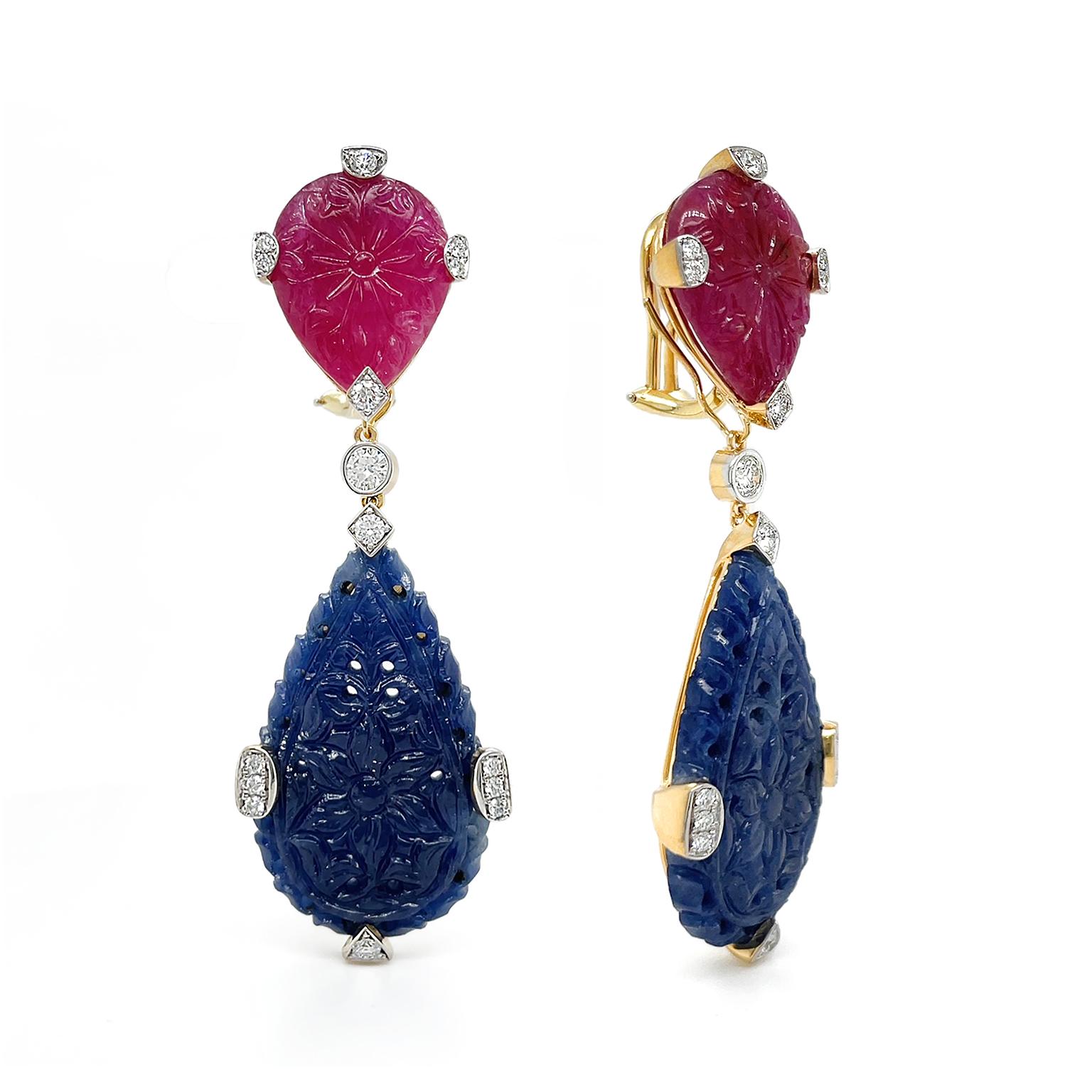 Mixed Cut 18K Yellow Gold Ruby and Sapphire Diamond Drop Earrings For Sale