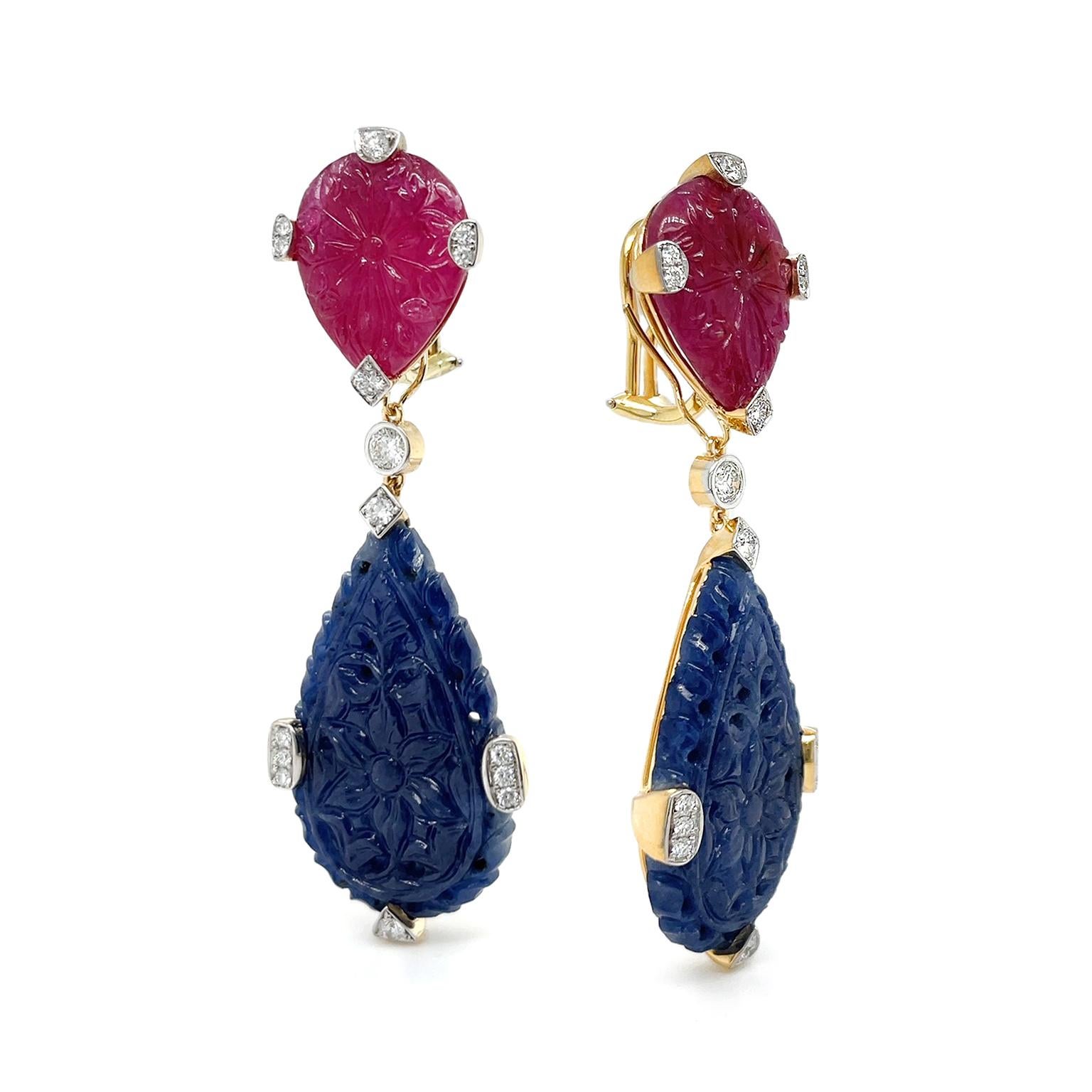 18K Yellow Gold Ruby and Sapphire Diamond Drop Earrings In New Condition For Sale In New York, NY