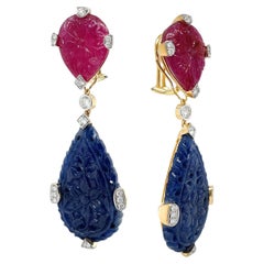 Pendientes de Gota de Oro Amarillo de 18 K con Rubí y Zafiro y Diamantes