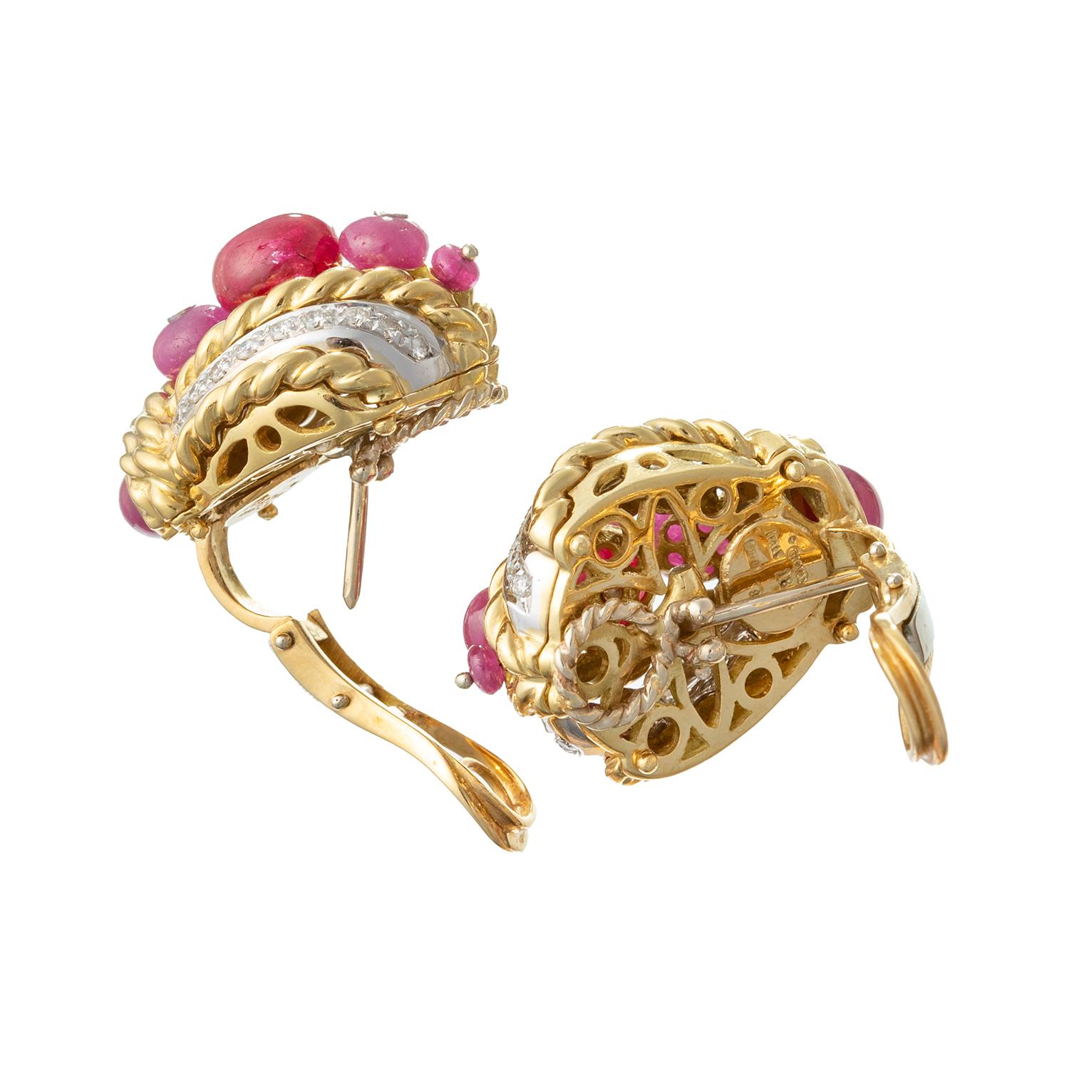 Giovane 18k Yellow Gold Ruby Bead Diamond Earrings In Excellent Condition In Palm Beach, FL