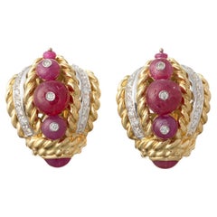 Giovane 18k Yellow Gold Ruby Bead Diamond Earrings