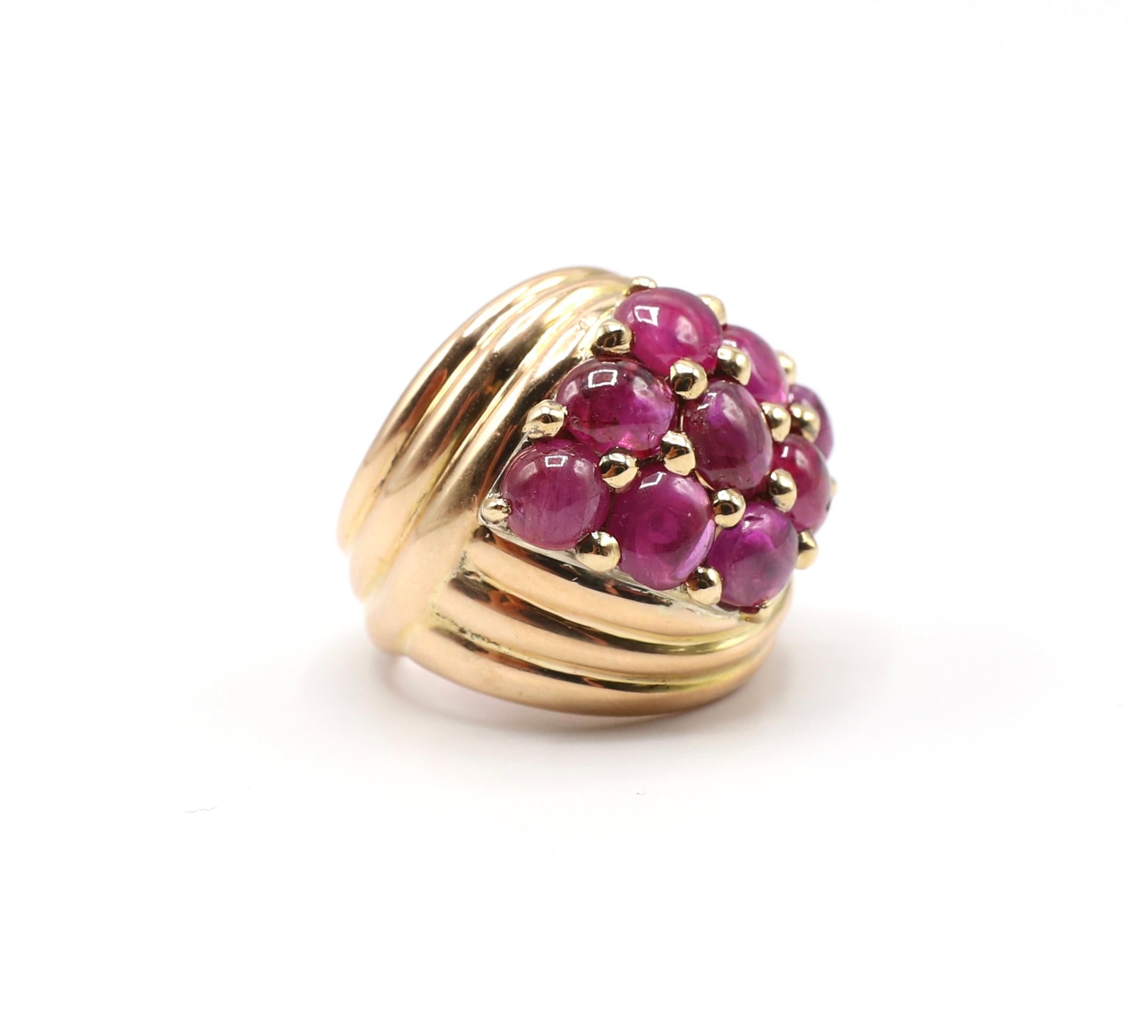 Ruby 18K Yellow Gold Cabochon Cluster Scalloped Dome Cocktail Ring Size 4

Metal: 18k Yellow Gold
Weight: 9.92 grams
Size: 4
Stones: 9 cabochon red rubies,  approx. 5mm each, slightly included 
Scalloped design
Ring measures approx. 21mm on top at