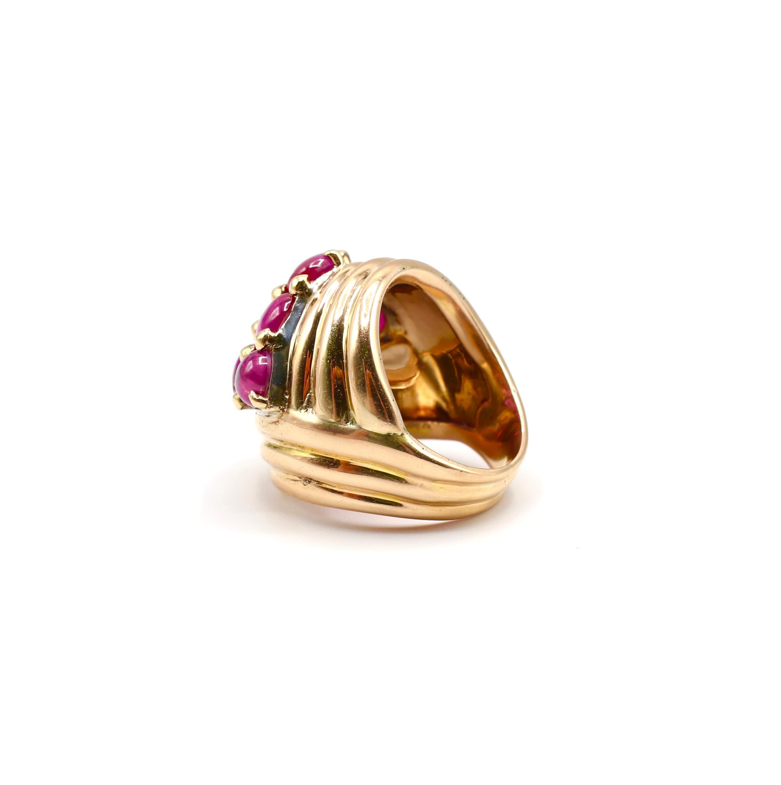 Women's 18 Karat Yellow Gold Ruby Cabochon Cluster Scalloped Dome Cocktail Ring