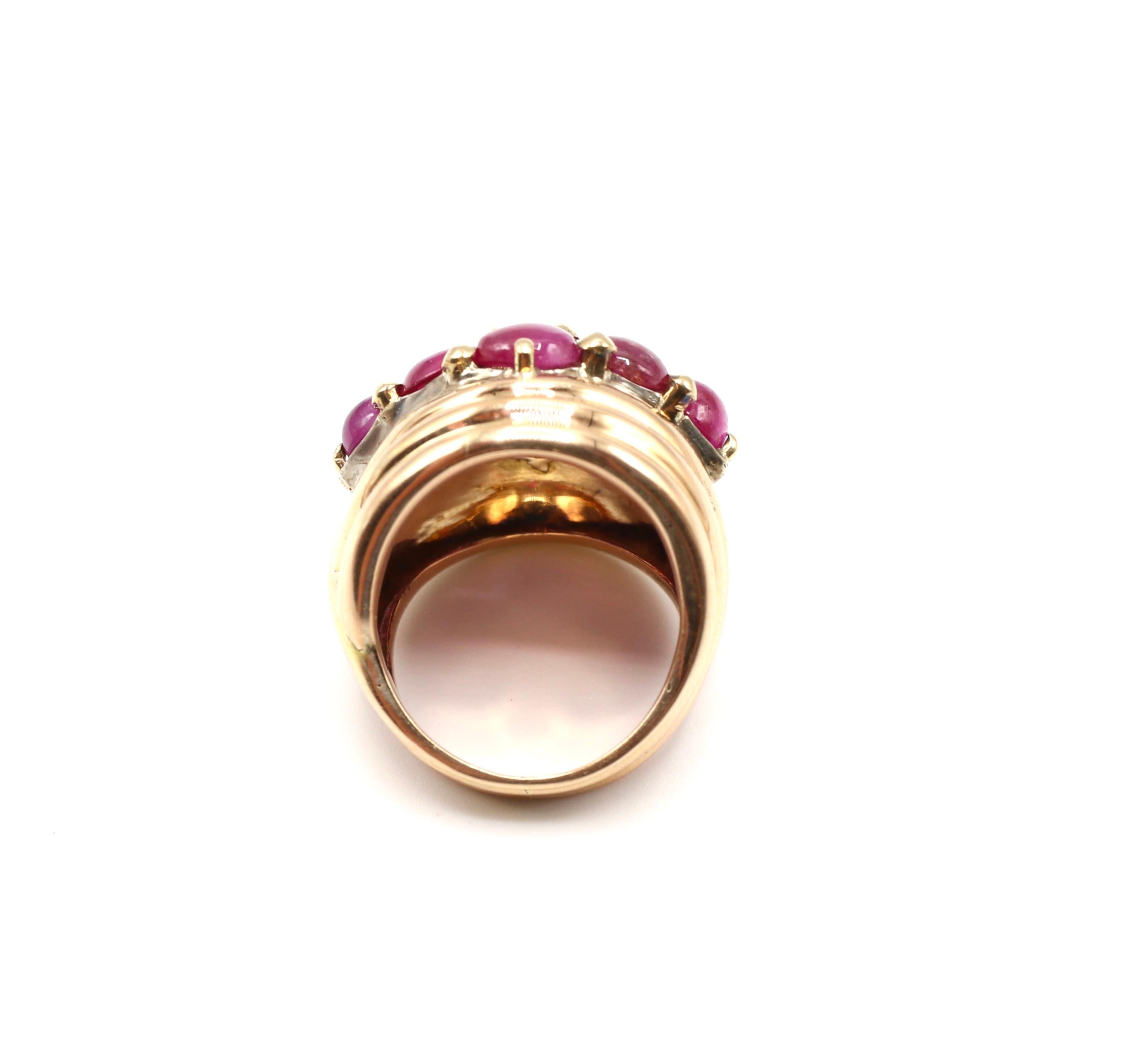 18 Karat Yellow Gold Ruby Cabochon Cluster Scalloped Dome Cocktail Ring 2