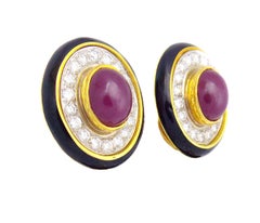 18K Yellow Gold Ruby Diamond Black Enamel Earrings