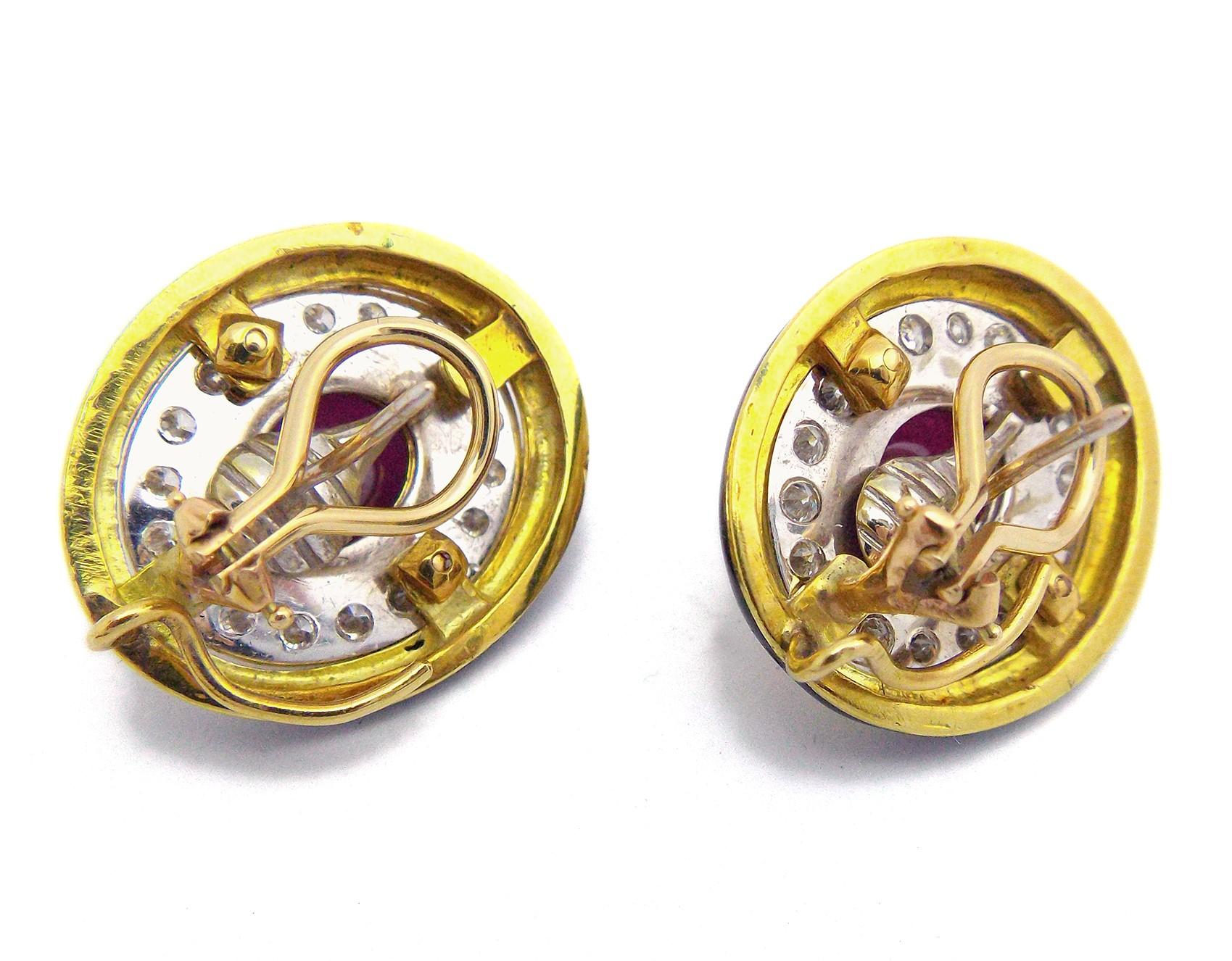 Cabochon 18K Yellow Gold Ruby Diamond Black Enamel Earrings For Sale