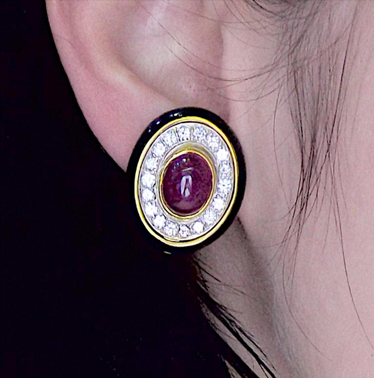 18K Yellow Gold Ruby Diamond Black Enamel Earrings In Good Condition For Sale In New York, NY