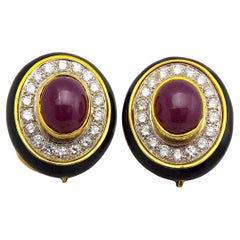 Retro 18K Yellow Gold Ruby Diamond Black Enamel Earrings