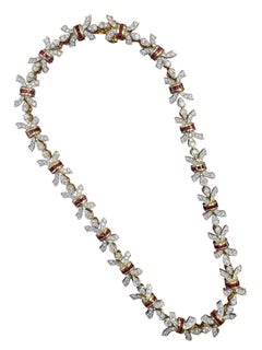 18K Yellow Gold Ruby & Diamond Bow Motif Necklace