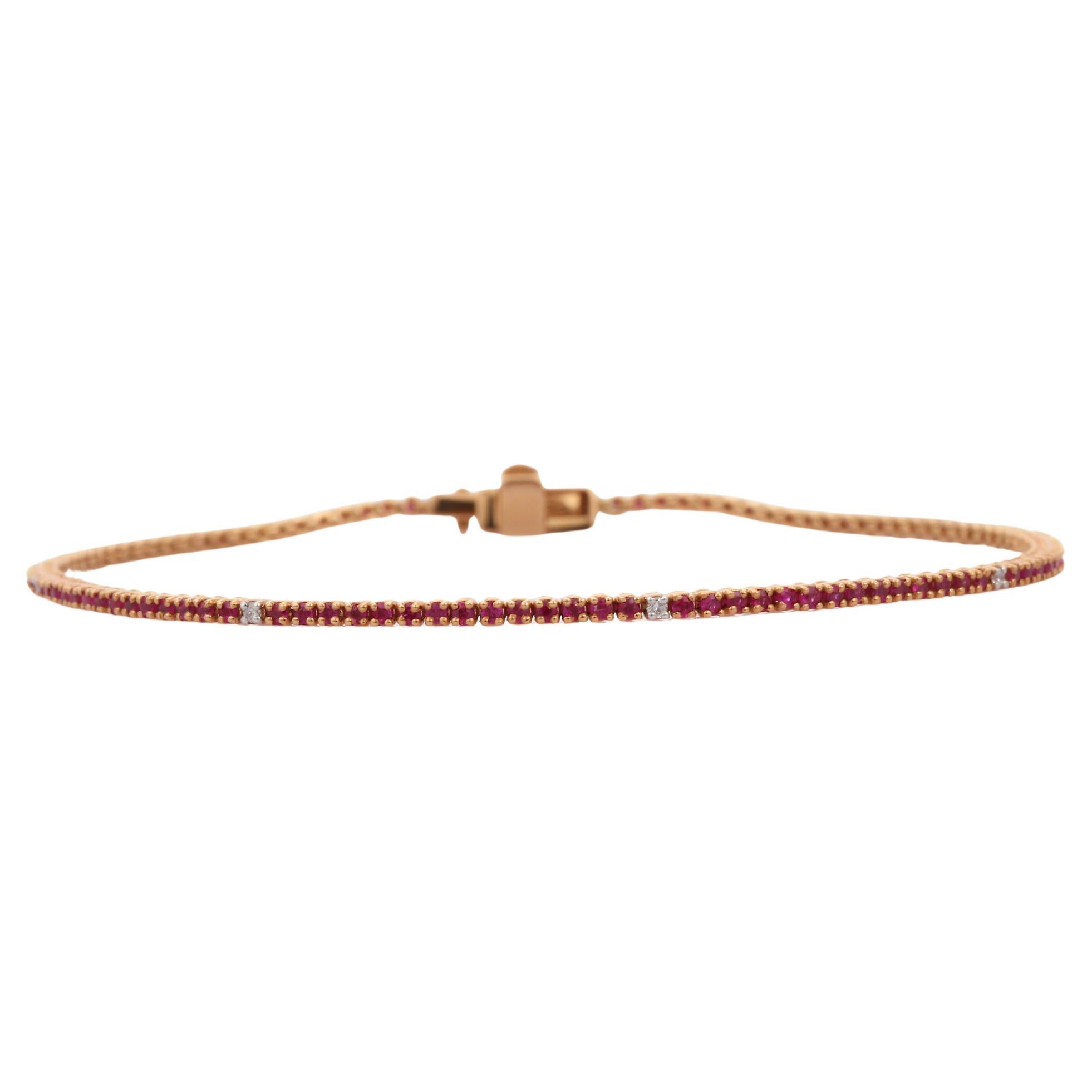 18k Solid Yellow Gold Stackable Dainty Round Ruby Diamond Tennis Bracelet