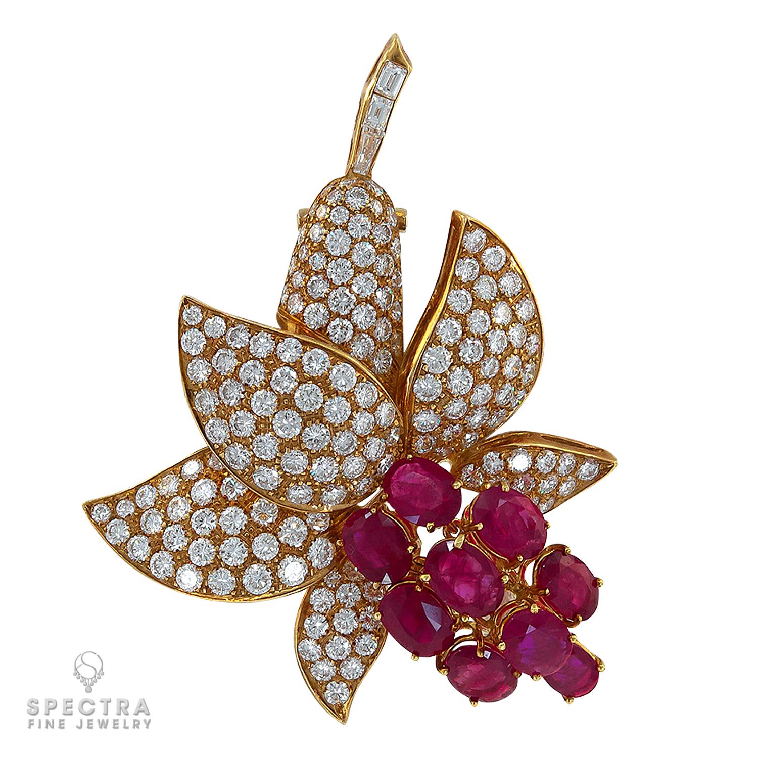 Mixed Cut 18k Yellow Gold Ruby Diamond Brooch For Sale