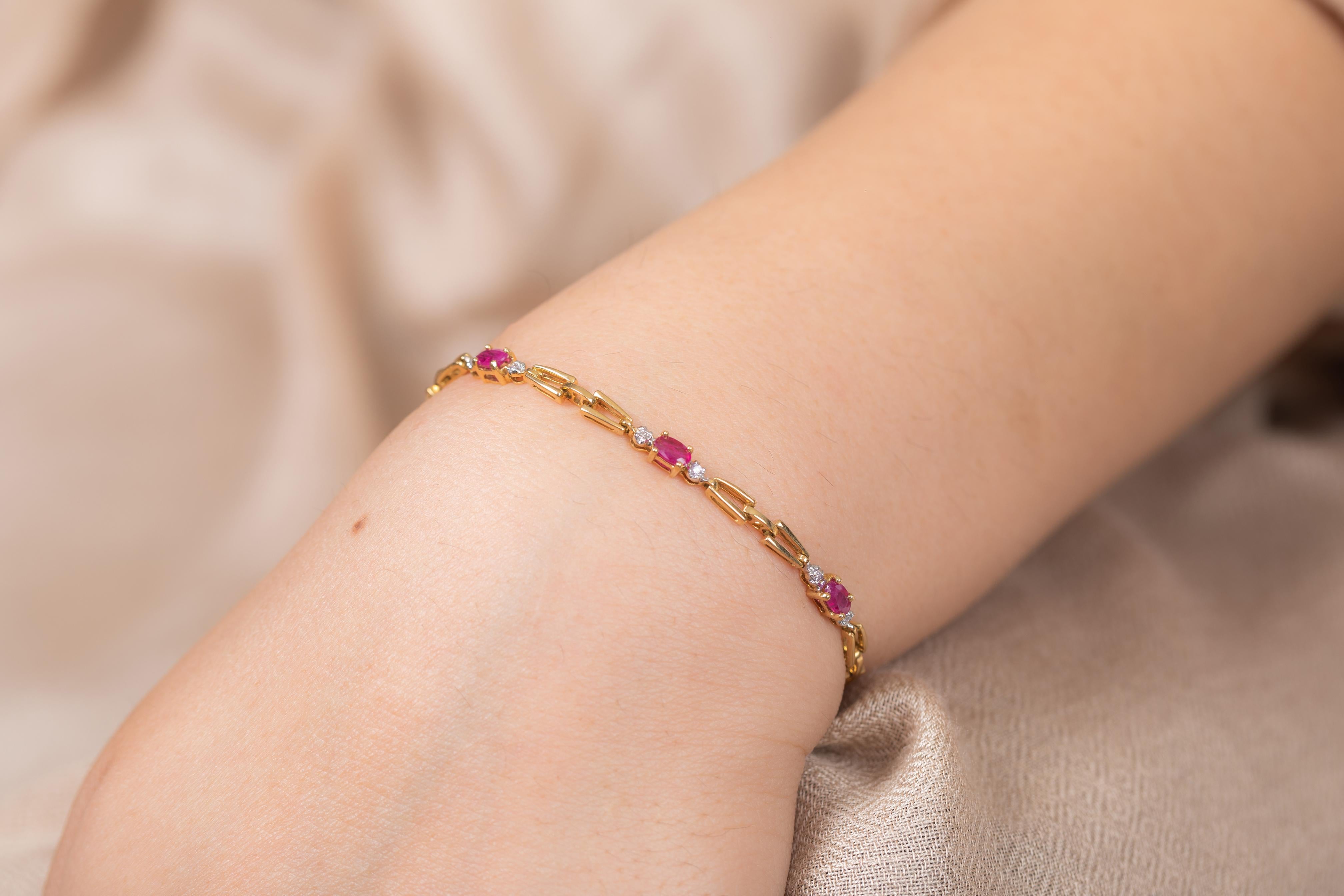 18K Yellow Gold Ruby Diamond Chain Bracelet For Sale 4