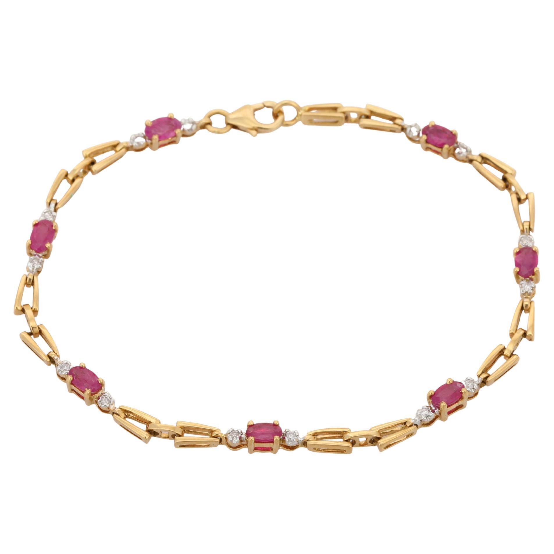 18K Yellow Gold Ruby Diamond Chain Bracelet For Sale