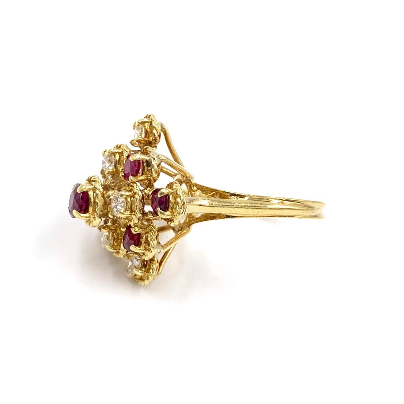 Retro 18 Karat Yellow Gold Ruby and Diamond Cluster Ring For Sale