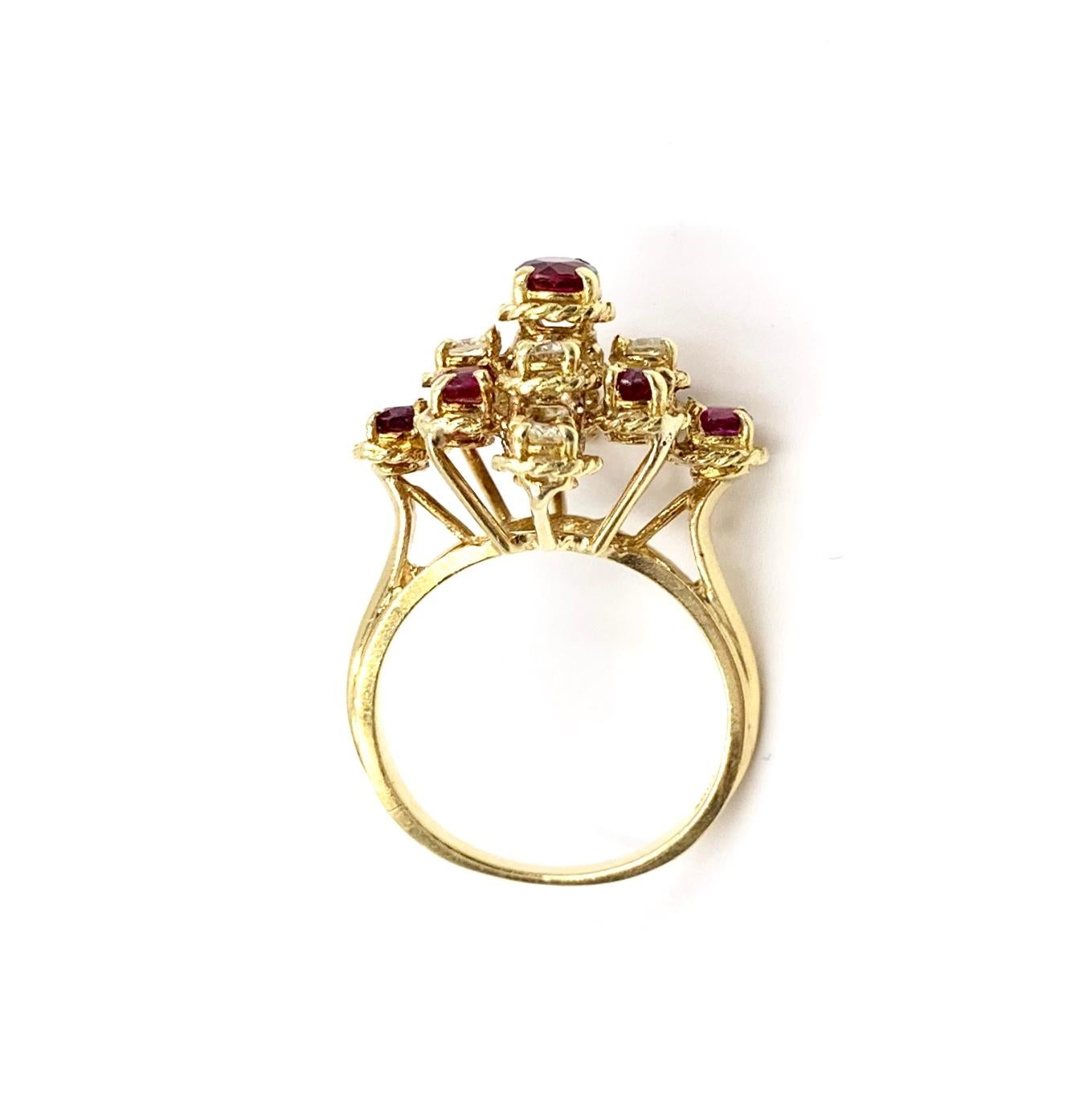 Round Cut 18 Karat Yellow Gold Ruby and Diamond Cluster Ring For Sale