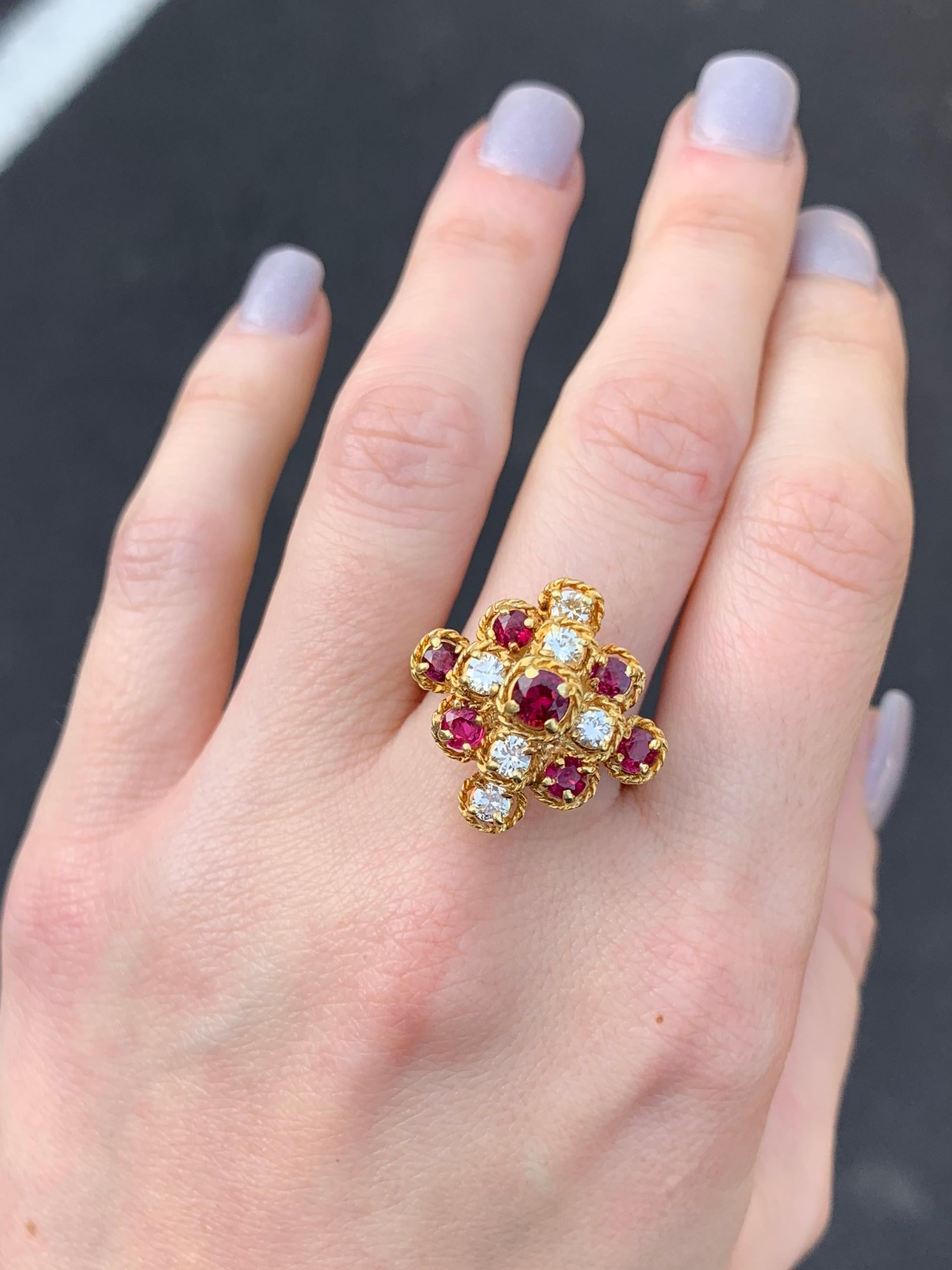 18 Karat Yellow Gold Ruby and Diamond Cluster Ring In Good Condition For Sale In Pikesville, MD