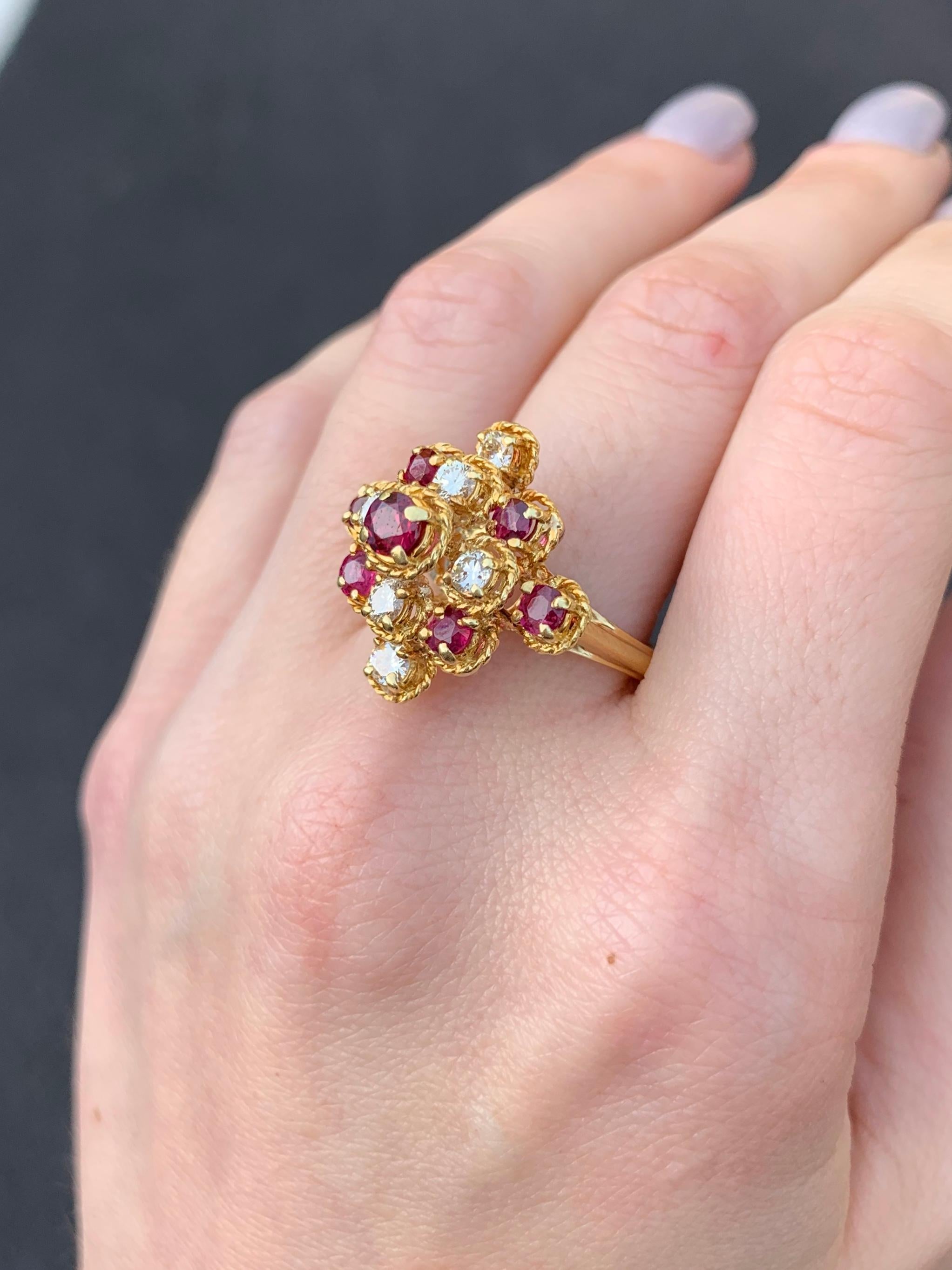 Women's 18 Karat Yellow Gold Ruby and Diamond Cluster Ring For Sale